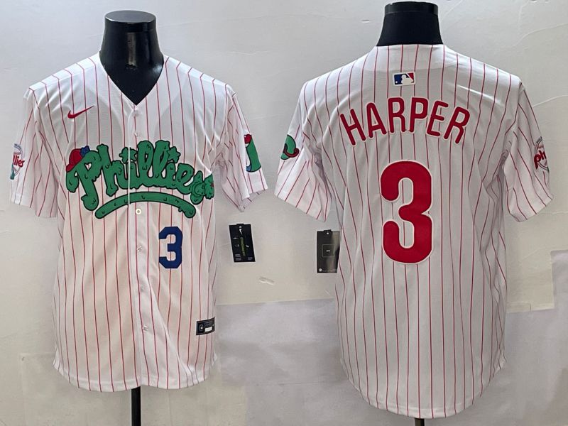 Men Philadelphia Phillies #3 Harper White Stripe Fourth generation Joint Name Nike 2025 MLB Jersey style 3->philadelphia phillies->MLB Jersey